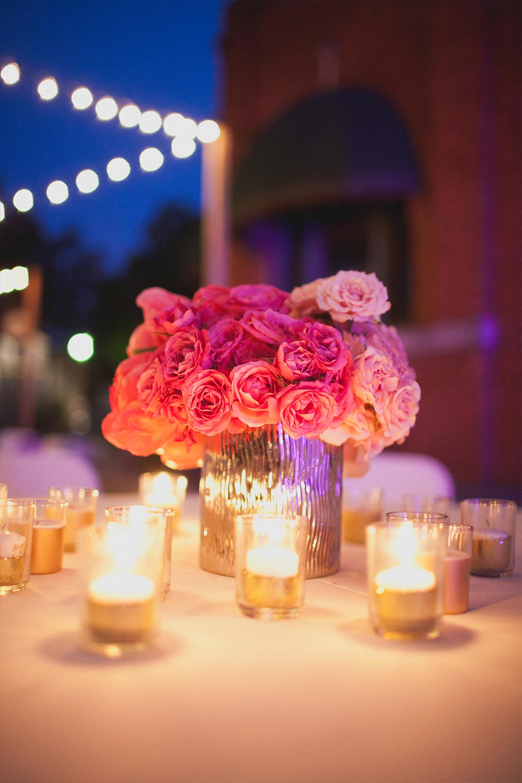 Cafe Lights and Gold Glitter Votives at Dallas Heritage Village Wedding