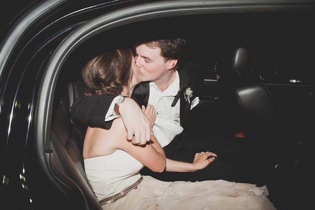 Bride and groom getaway car