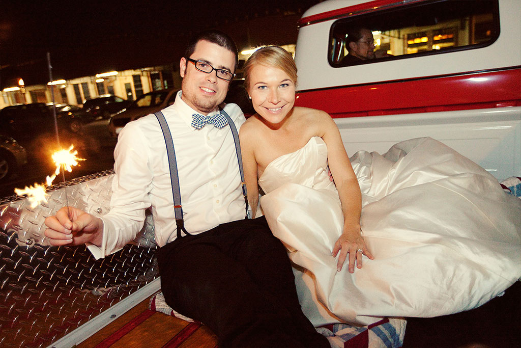 vintage red chevy pickup wedding get away car