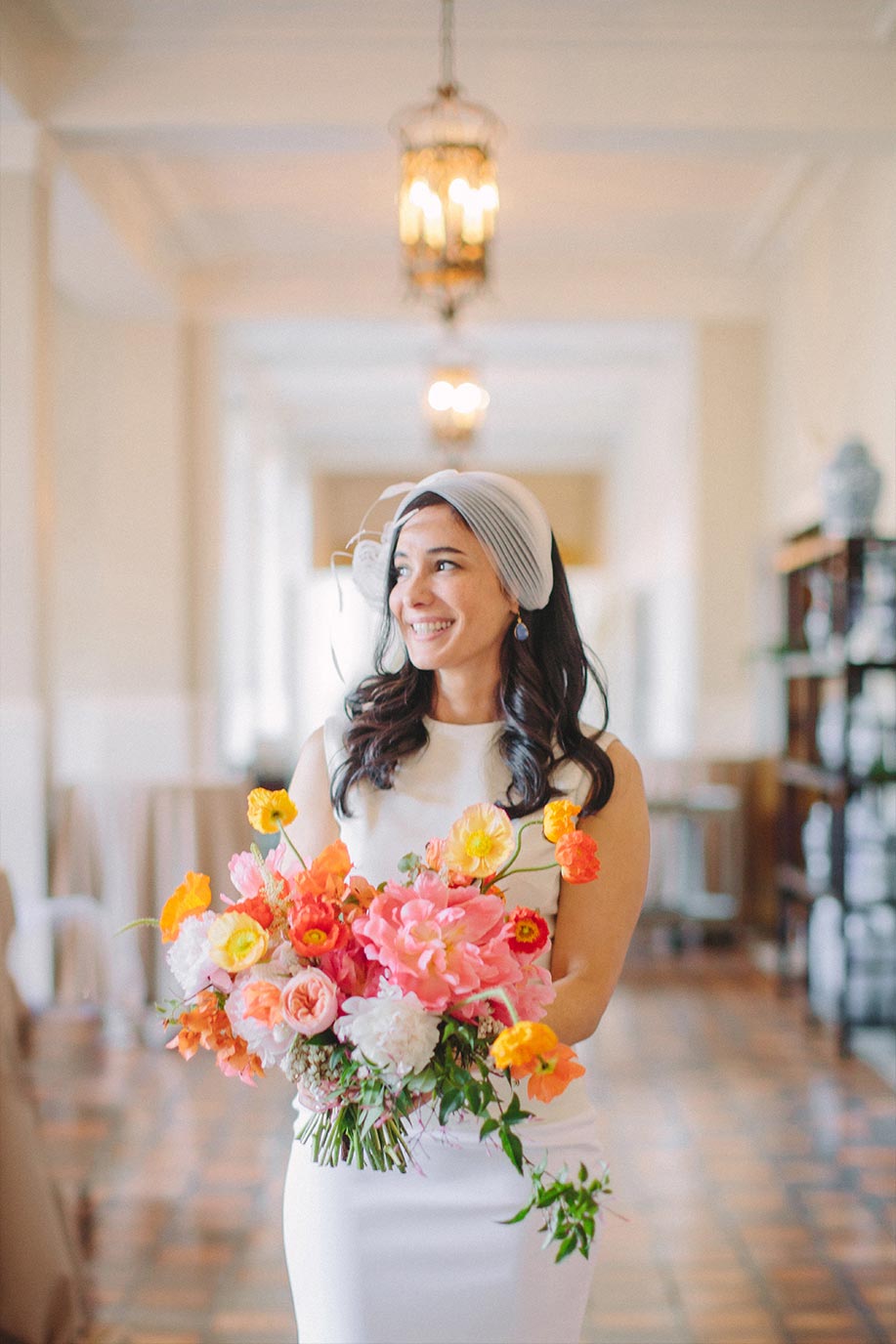 Bridal portrait with pink and orange bouquet