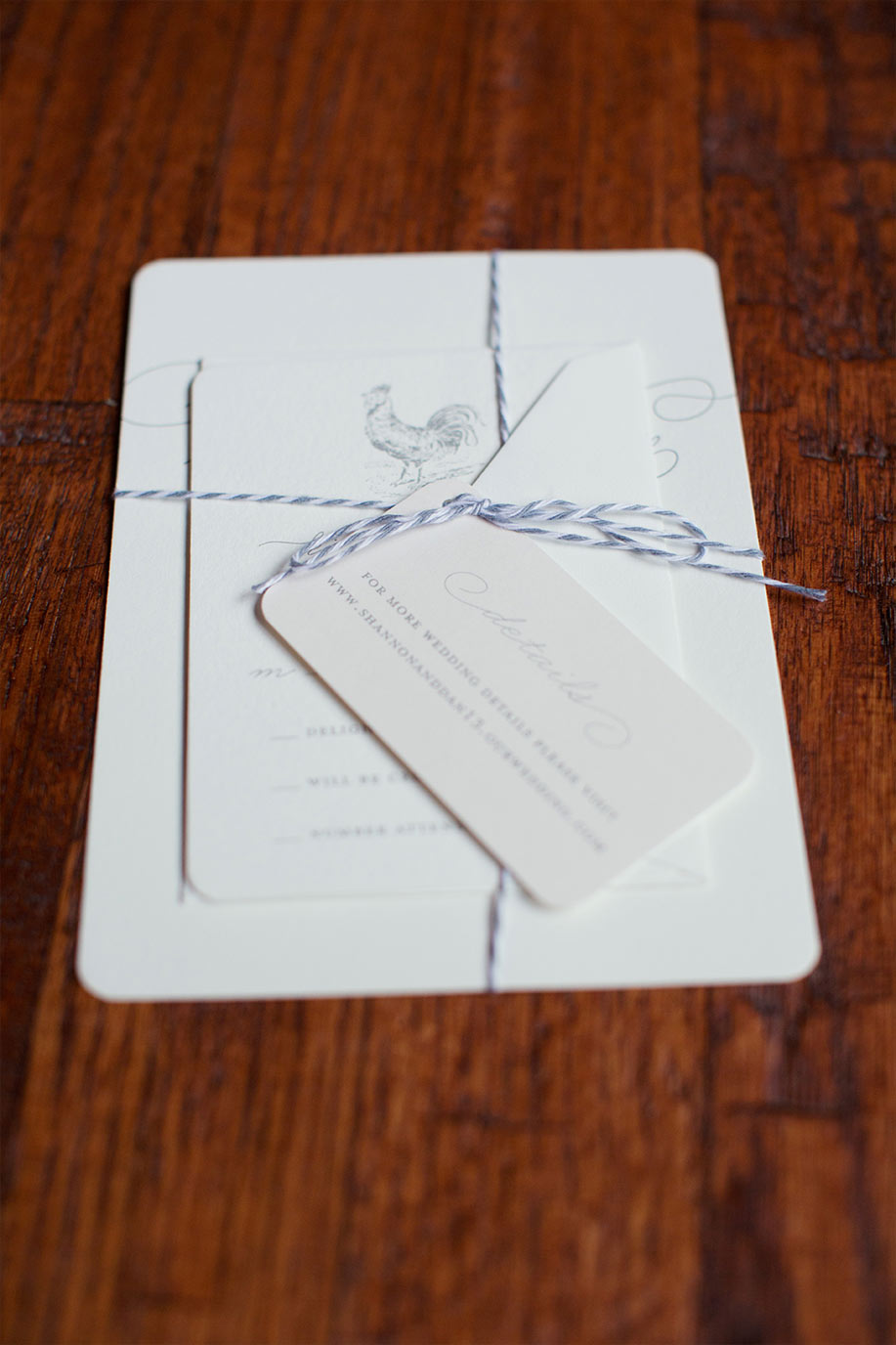 Rooster Letterpress Farm Wedding Invitation Suite with Bakers Twine by Chips and Salsa design