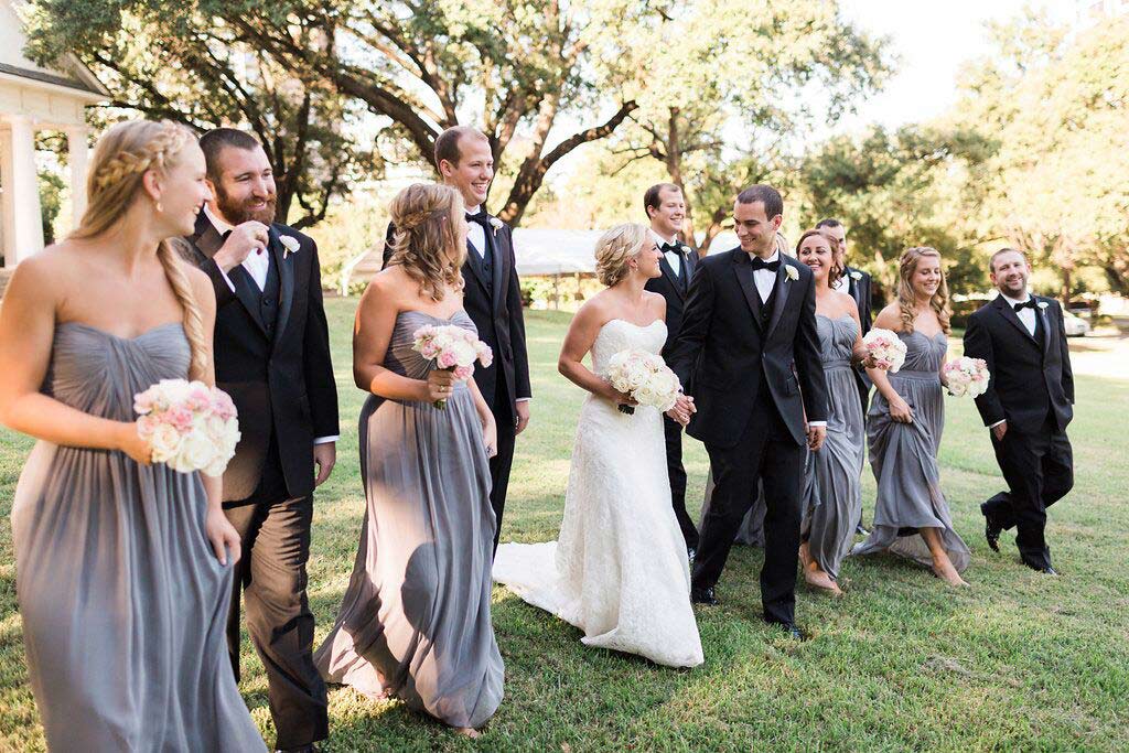 Wedding party dove gray dresses portrait at Arlington Hall