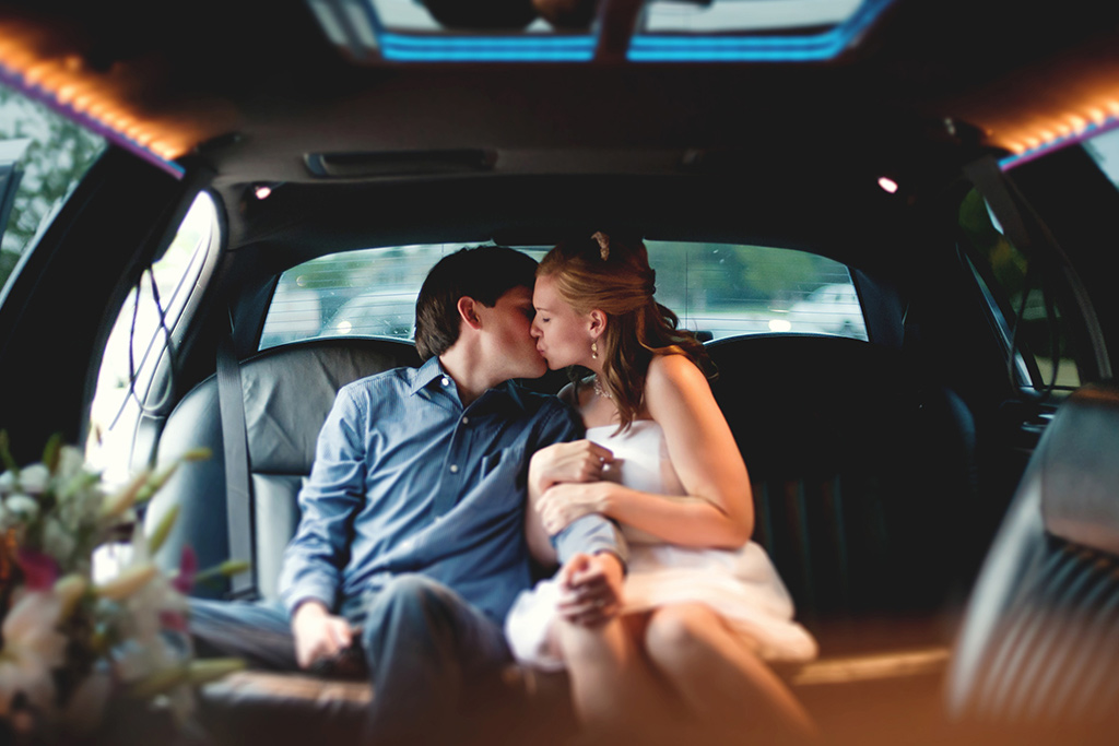 bride and groom getaway car