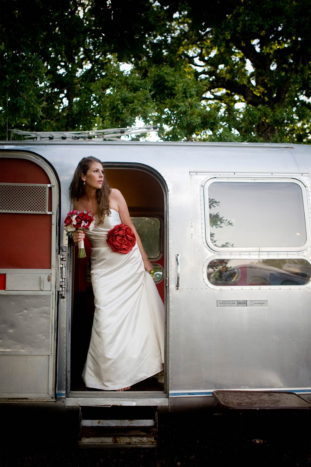 Bridal portrait in vintage airstream trailer