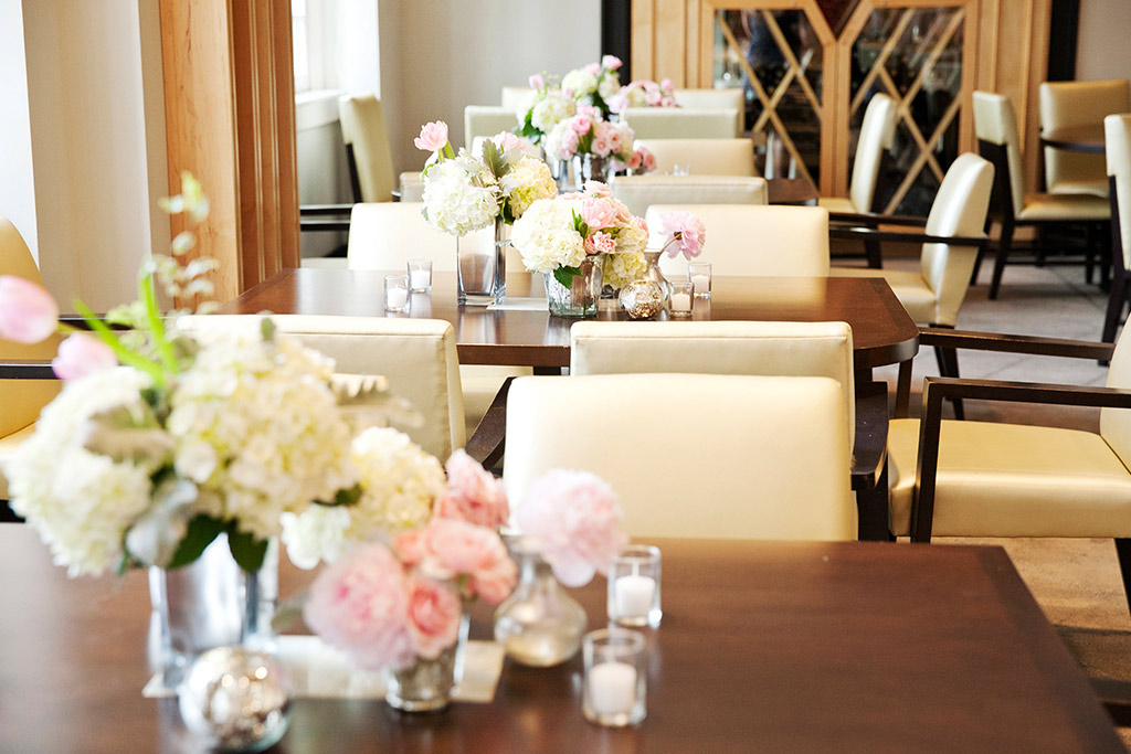 Pink and Peach Wedding Centerpieces at Stoneleigh Hotel Reception