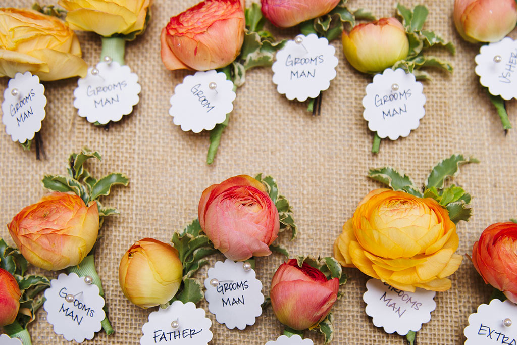 Peach Ranunculus boutonnieres for groomsmen