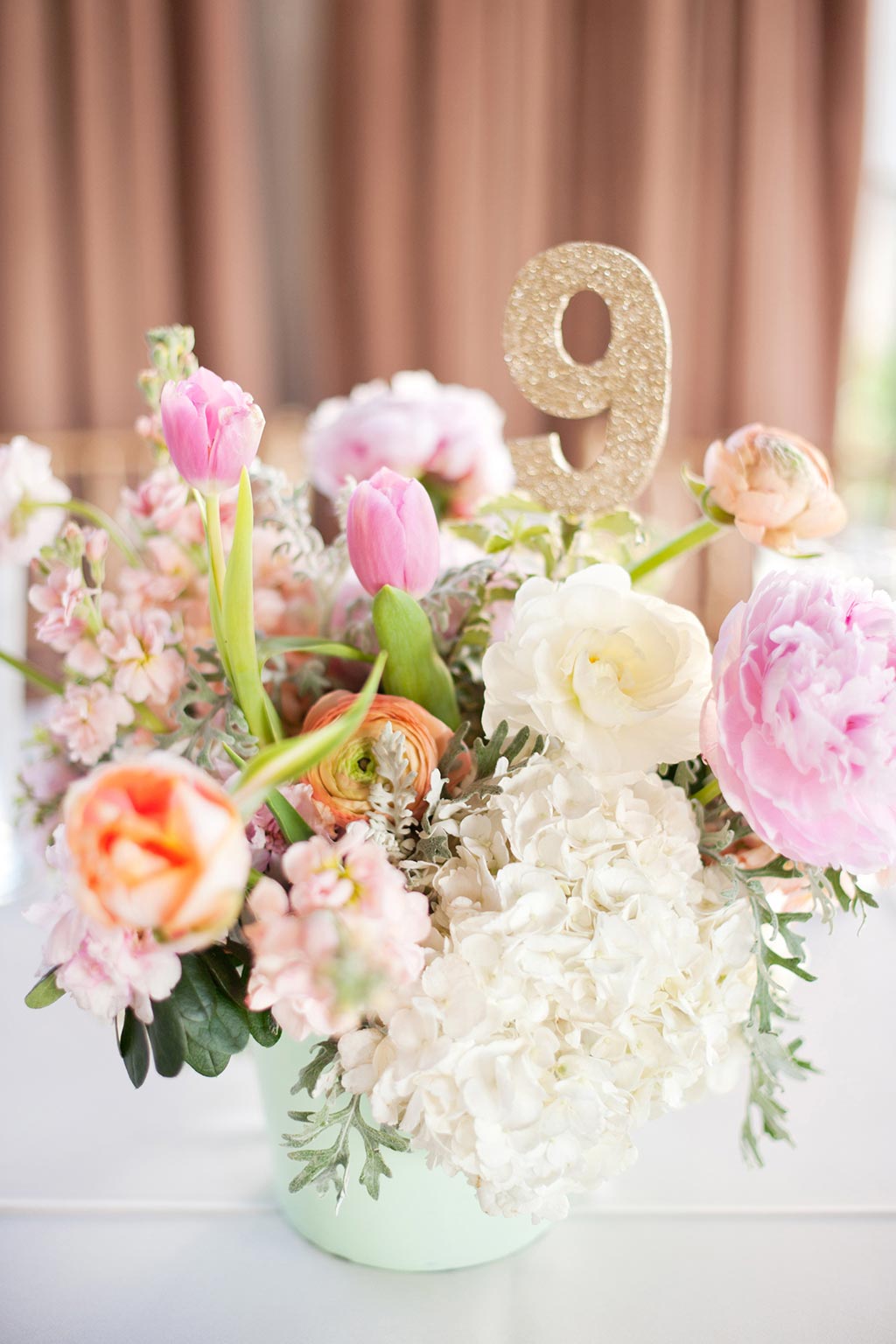 Mint and Gold Vase with Pink and Peach Floral Wedding Centerpiece